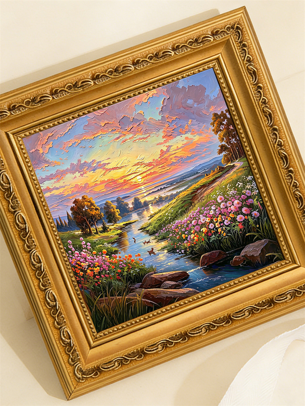 sunset flower creek painting solid wood square wall art home decor