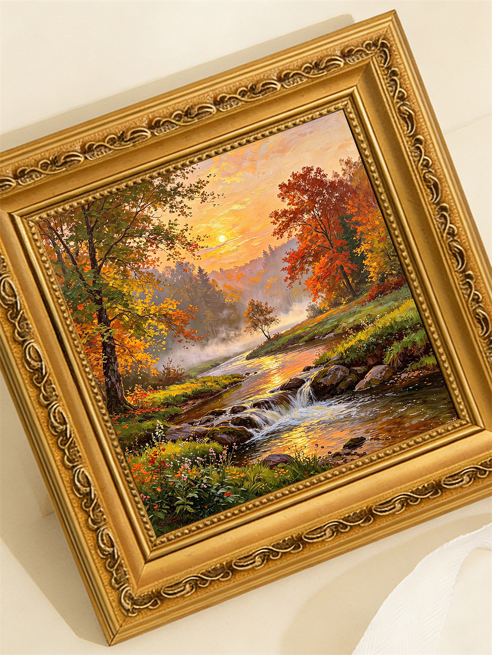 autumn brook sunset painting solid wood square wall art home decor