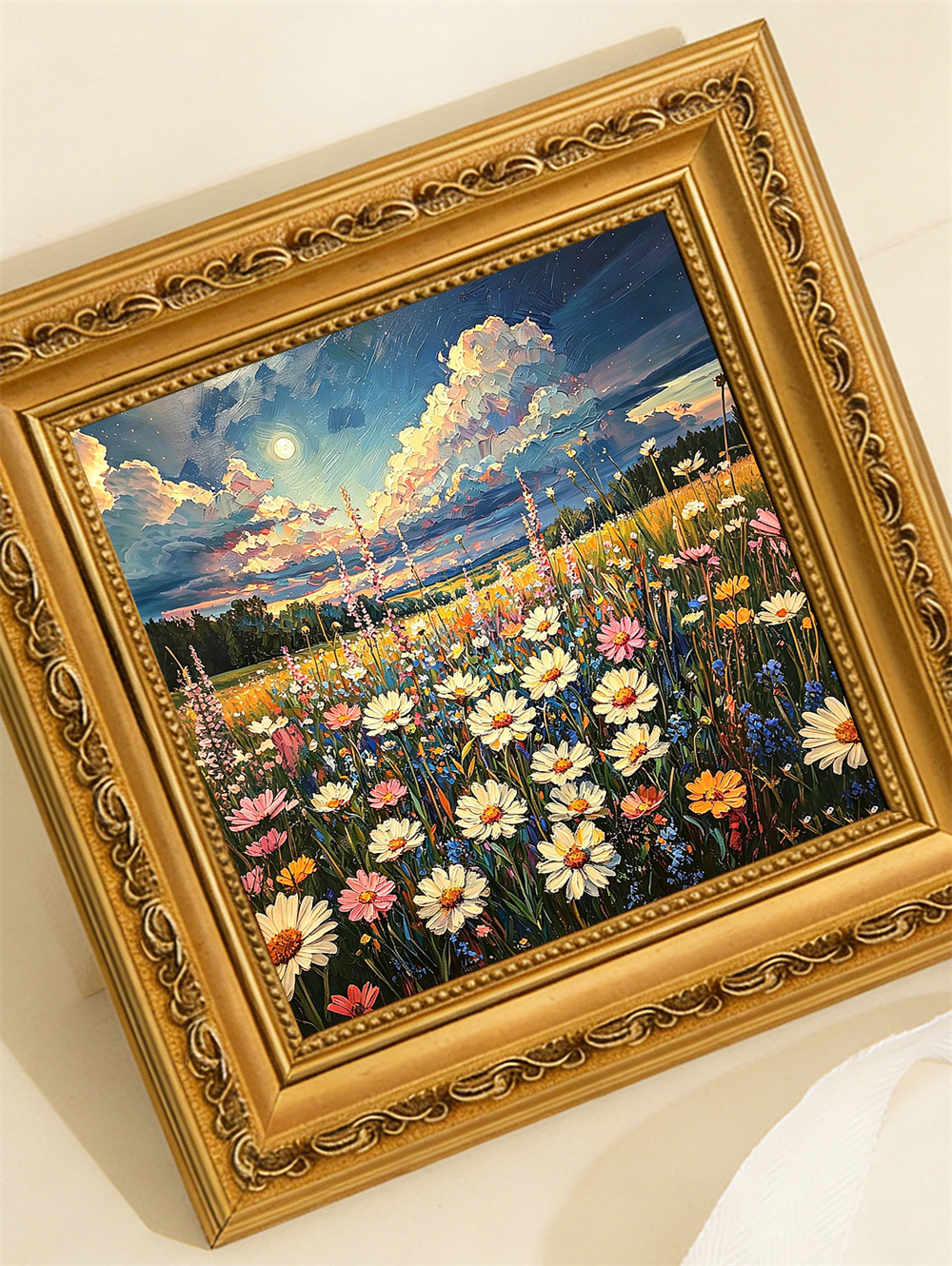 moon wildflower meadow painting solid wood square wall art home decor