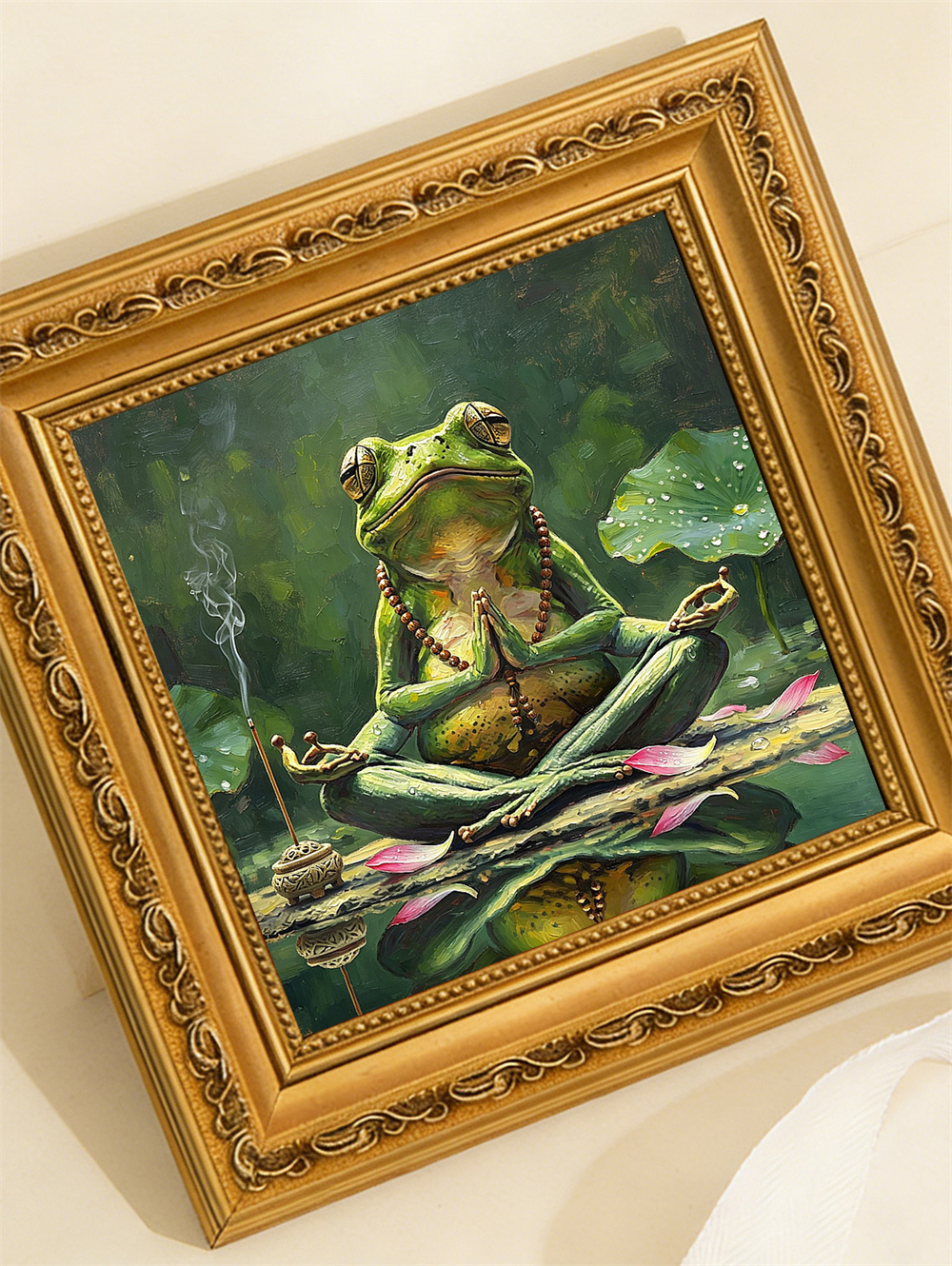 Meditating Yoga Frog Mini Framed Oil Painting, Zen Lotus Incense Antique Gold Frame Pond Spiritual Desk Decor Gift