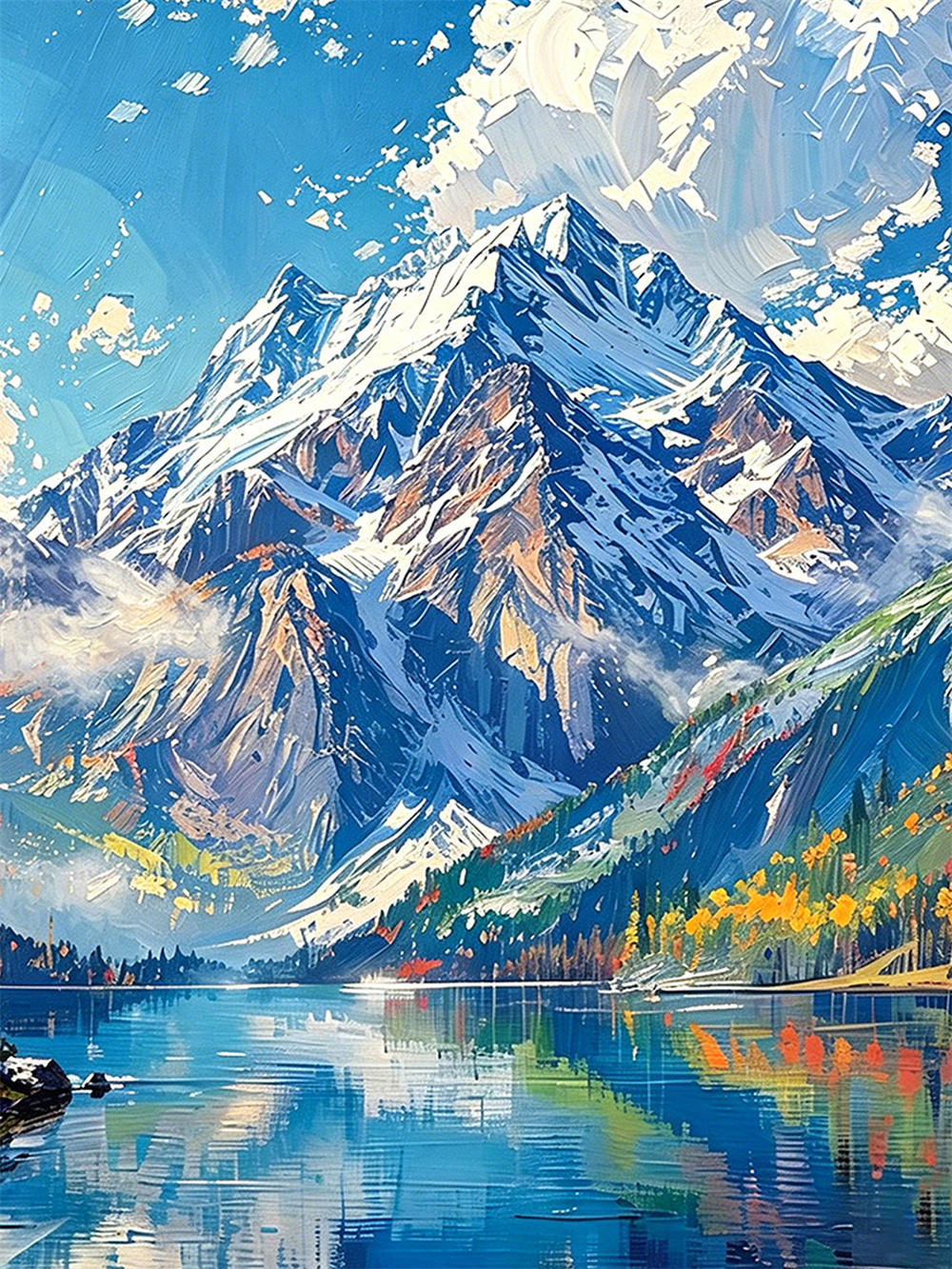 snow mountain lake painting solid wood square wall art home decor