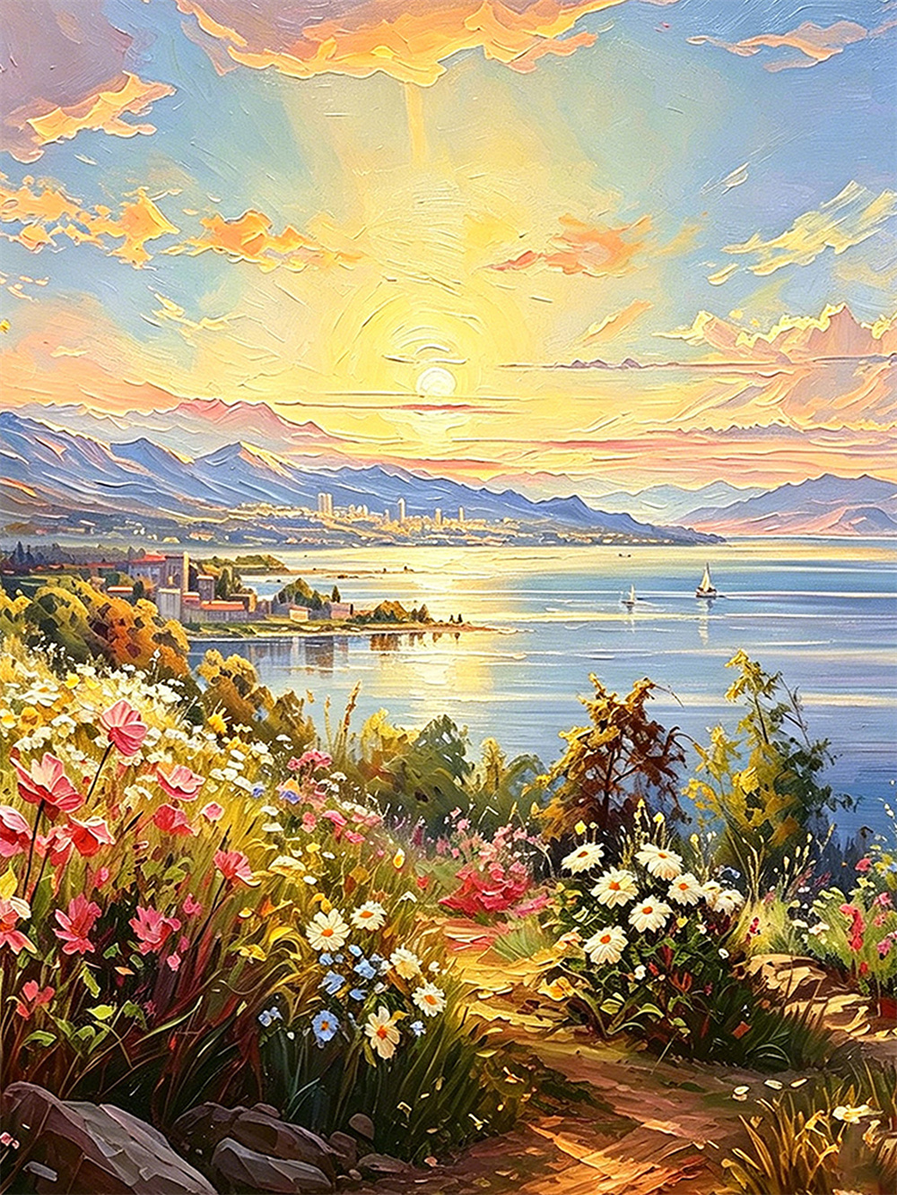sunset lake town painting solid wood square wall art home decor