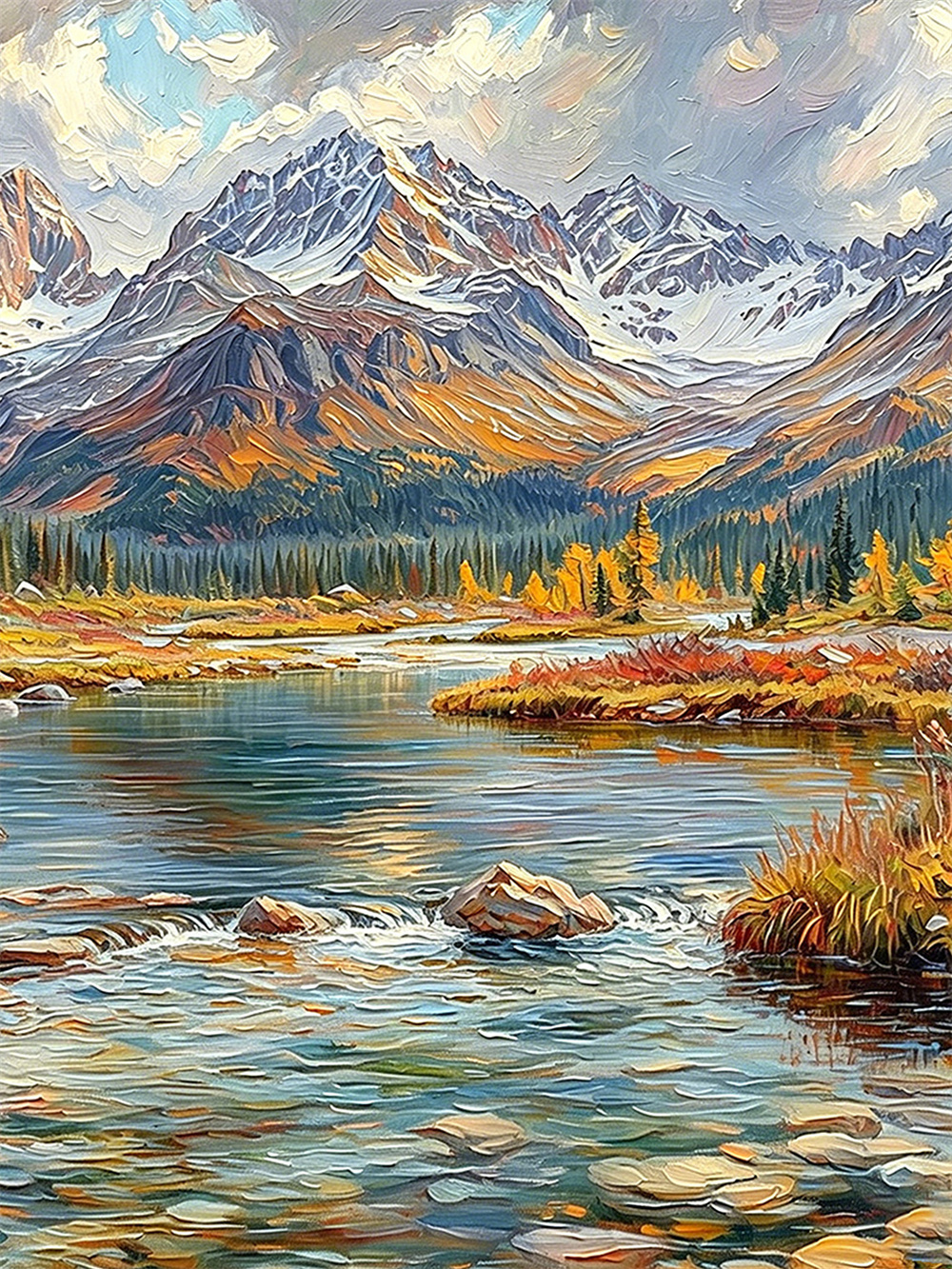 autumn snow mountain stream painting solid wood square wall art home decor