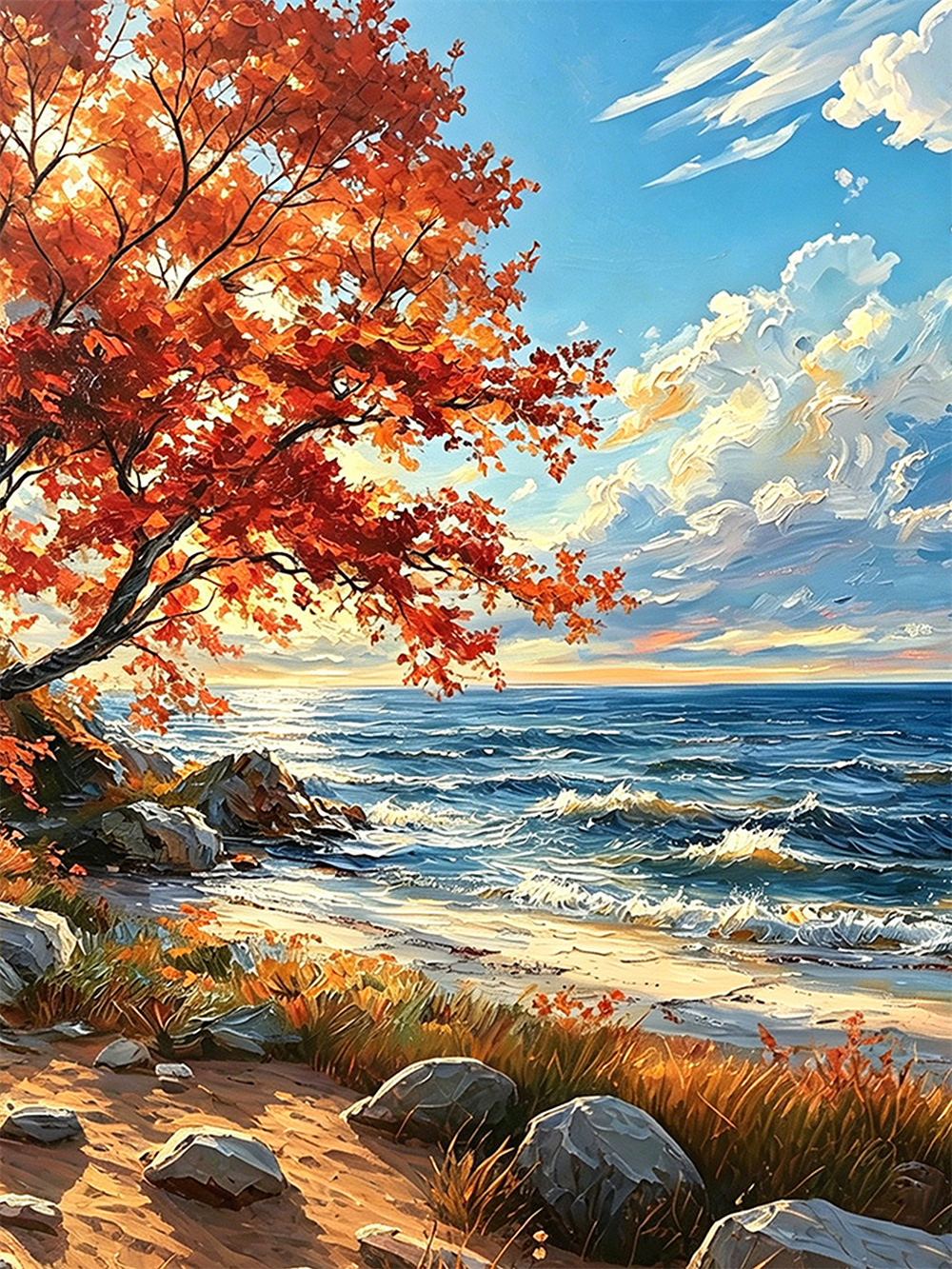 autumn red tree seaside painting solid wood square wall art home decor