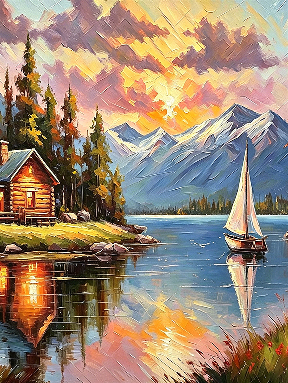log cabin lake sunset painting solid wood square wall art home decor