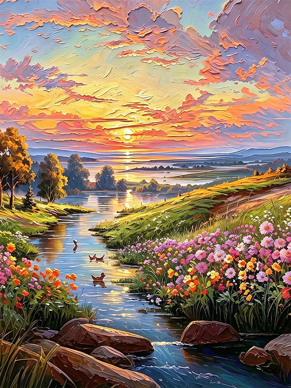 sunset flower creek painting solid wood square wall art home decor