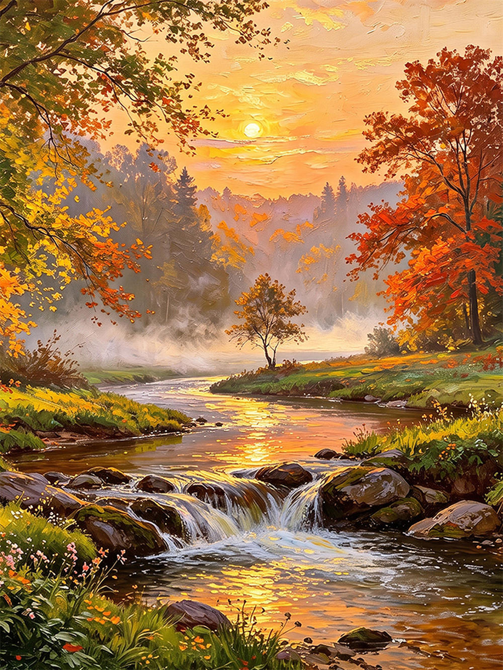 autumn brook sunset painting solid wood square wall art home decor