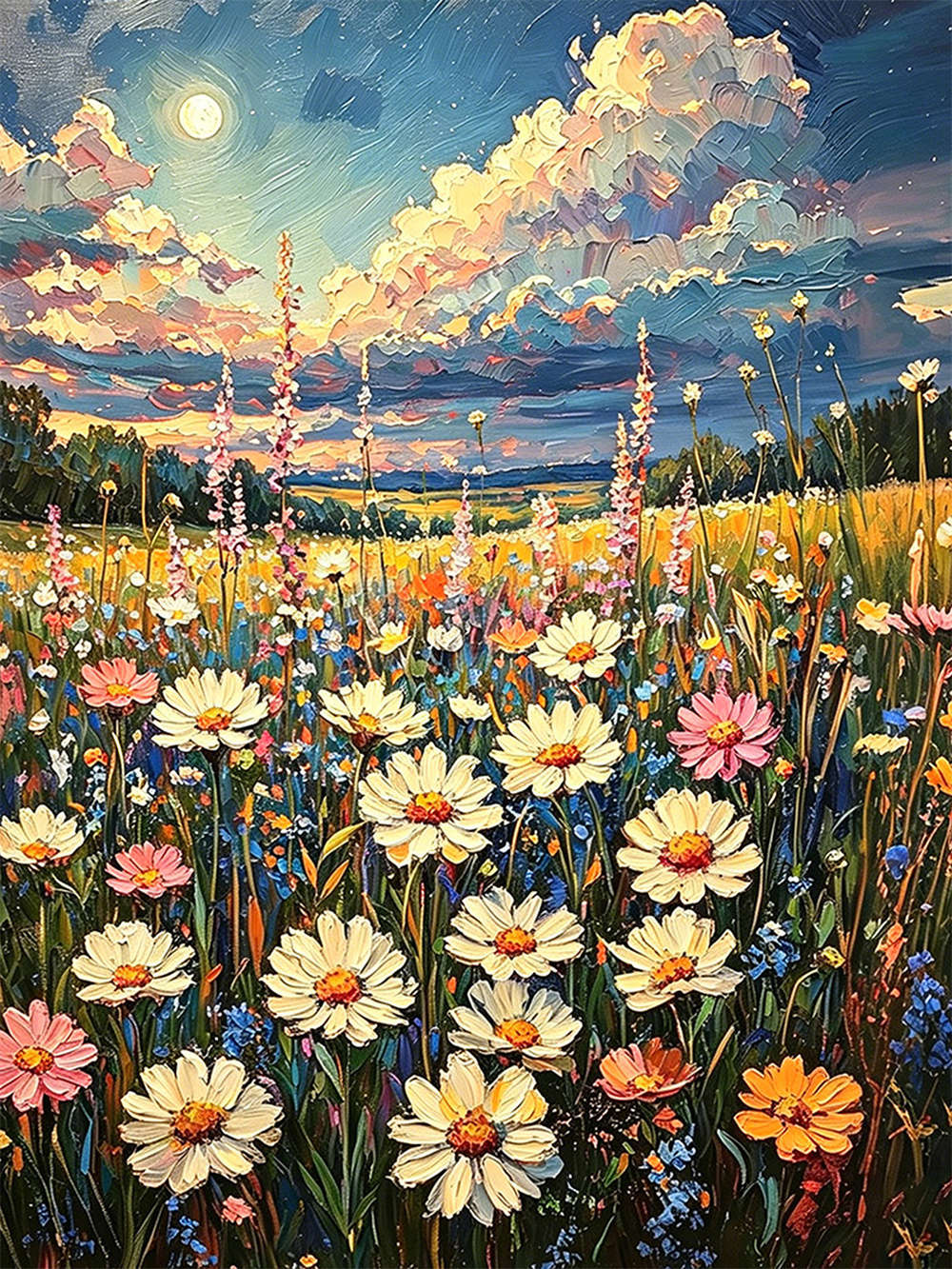 moon wildflower meadow painting solid wood square wall art home decor
