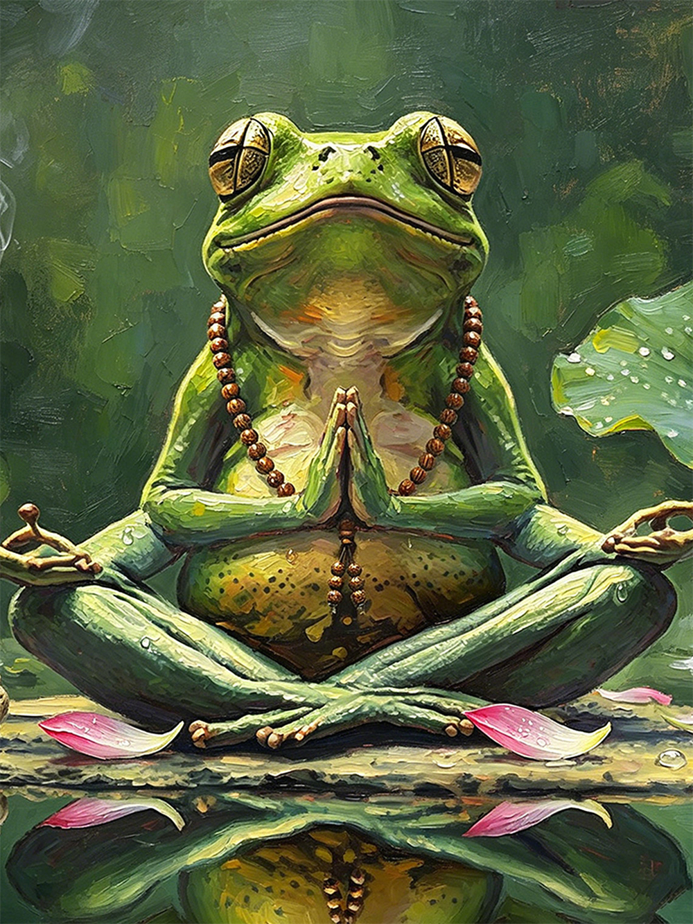 Meditating Yoga Frog Mini Framed Oil Painting, Zen Lotus Incense Antique Gold Frame Pond Spiritual Desk Decor Gift