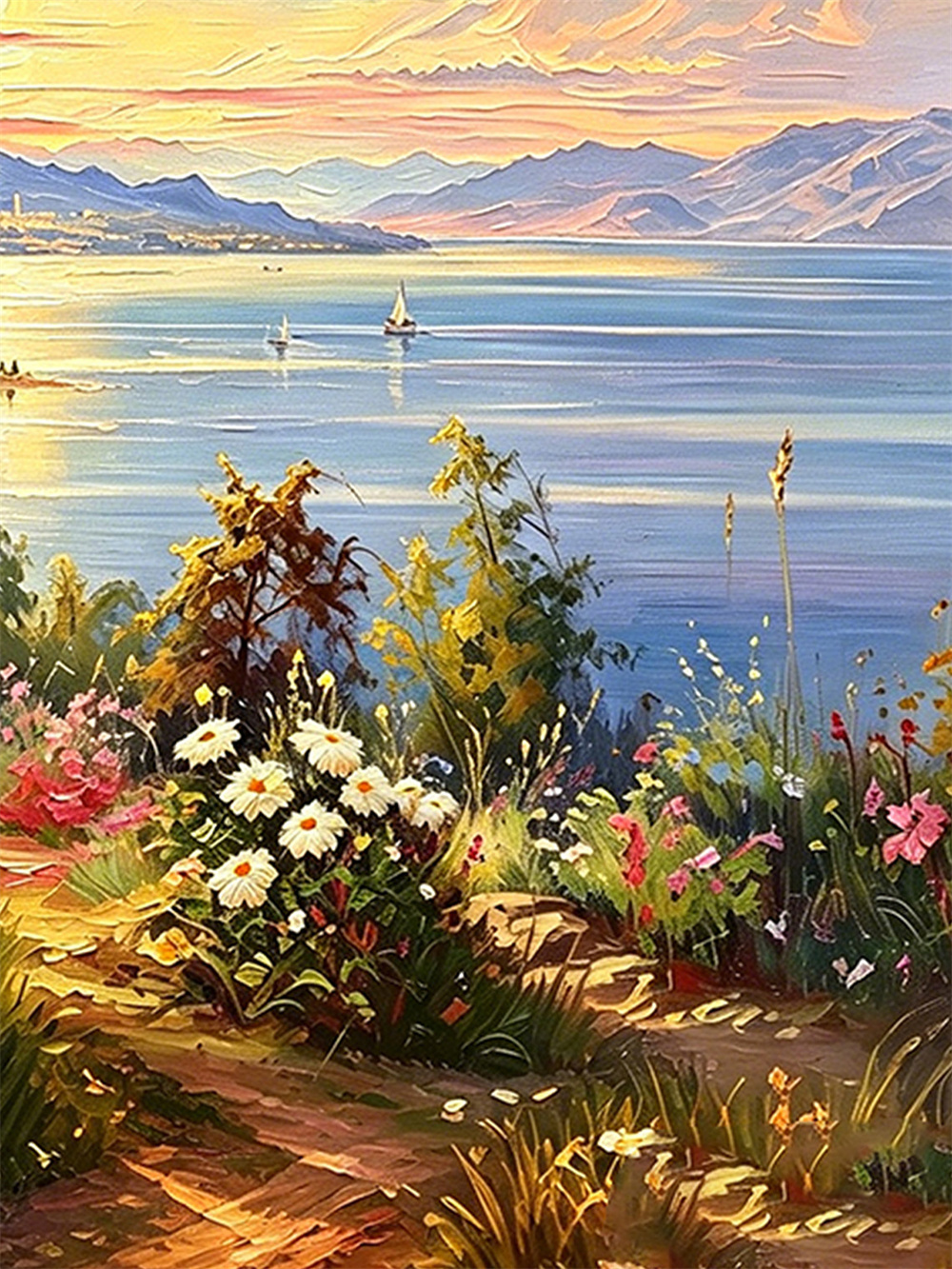 sunset lake town painting solid wood square wall art home decor