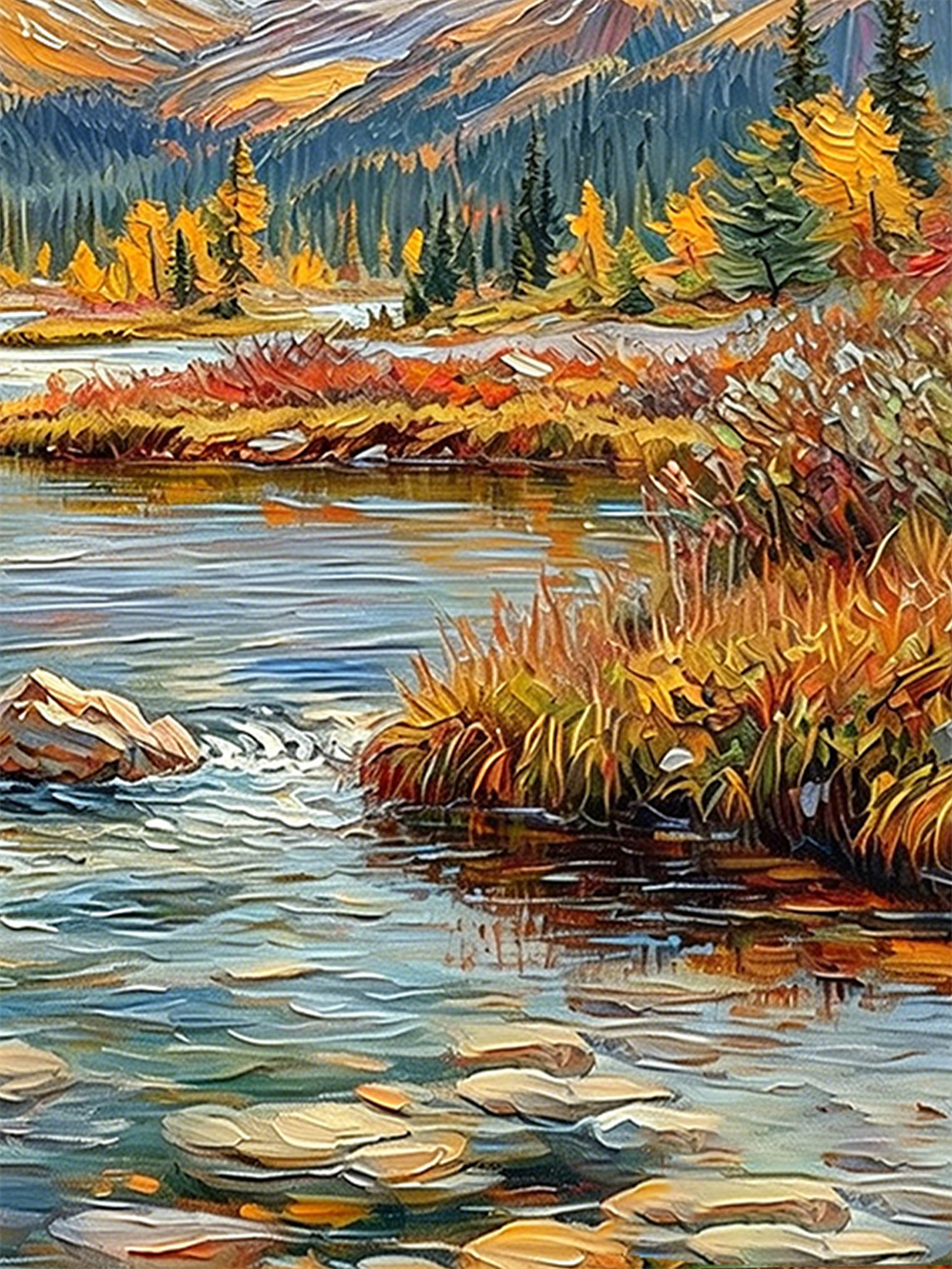 autumn snow mountain stream painting solid wood square wall art home decor