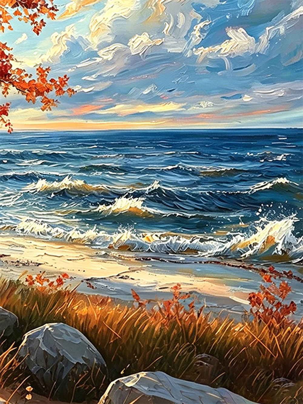 autumn red tree seaside painting solid wood square wall art home decor