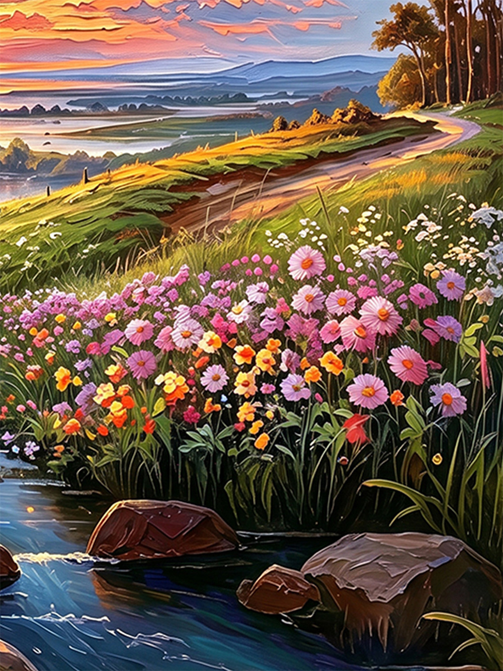 sunset flower creek painting solid wood square wall art home decor