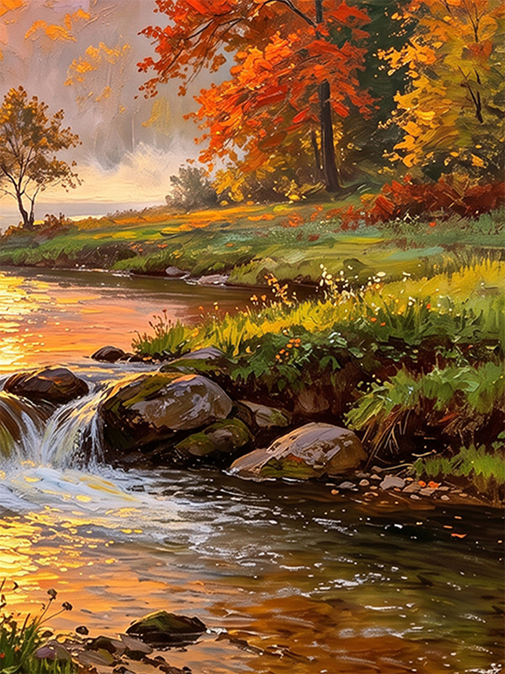 autumn brook sunset painting solid wood square wall art home decor