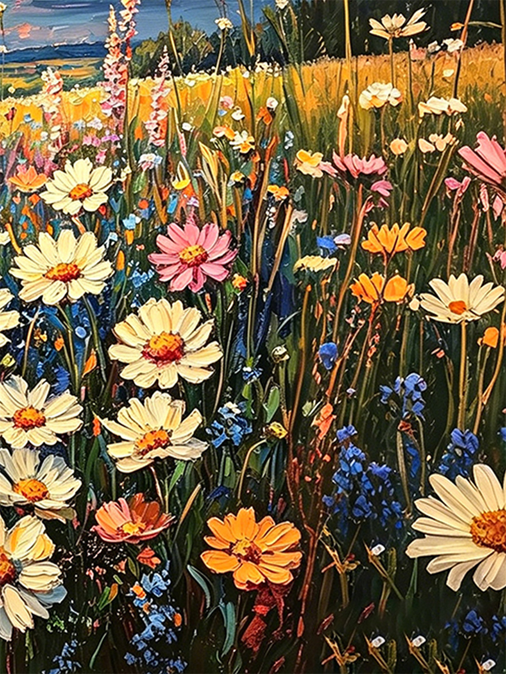 moon wildflower meadow painting solid wood square wall art home decor