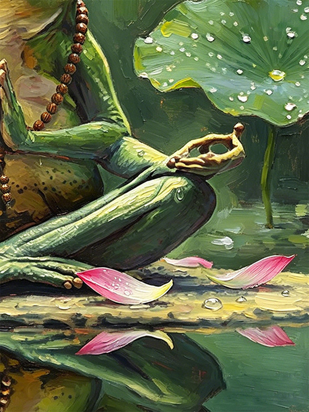 Meditating Yoga Frog Mini Framed Oil Painting, Zen Lotus Incense Antique Gold Frame Pond Spiritual Desk Decor Gift