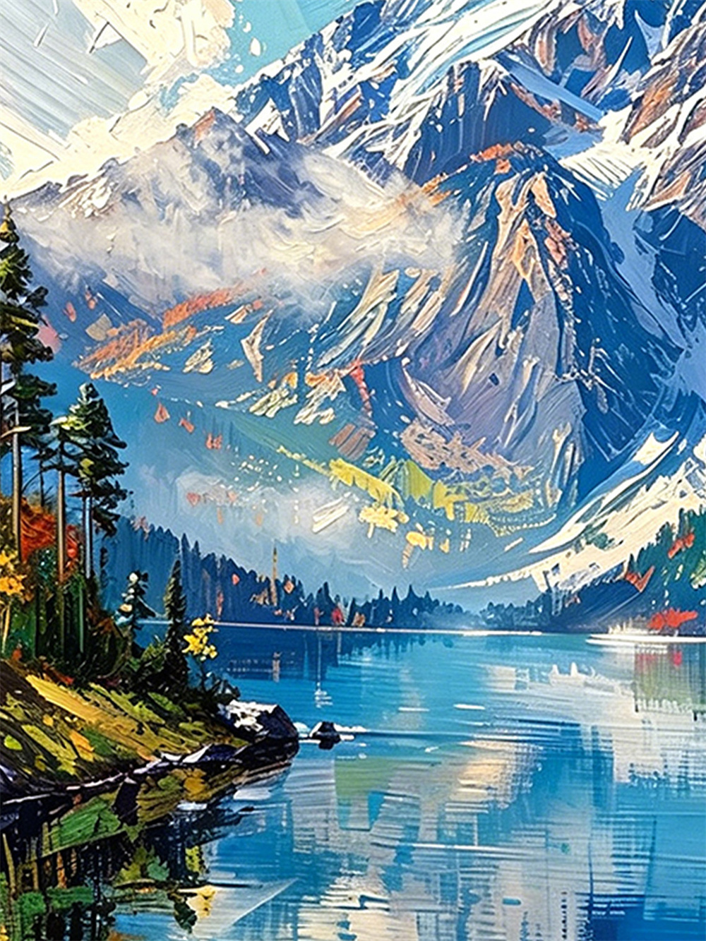 snow mountain lake painting solid wood square wall art home decor