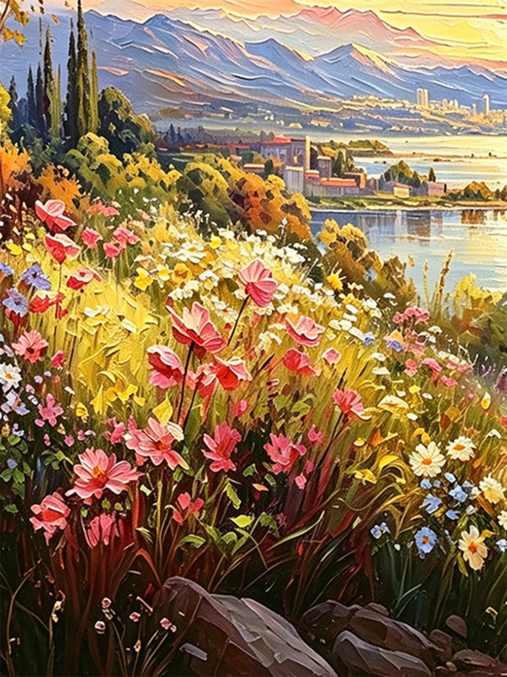 sunset lake town painting solid wood square wall art home decor