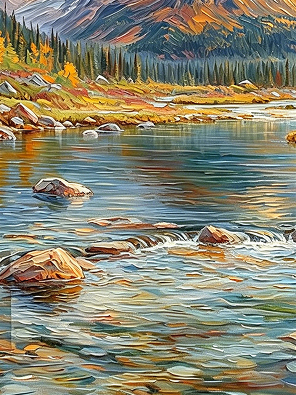 autumn snow mountain stream painting solid wood square wall art home decor