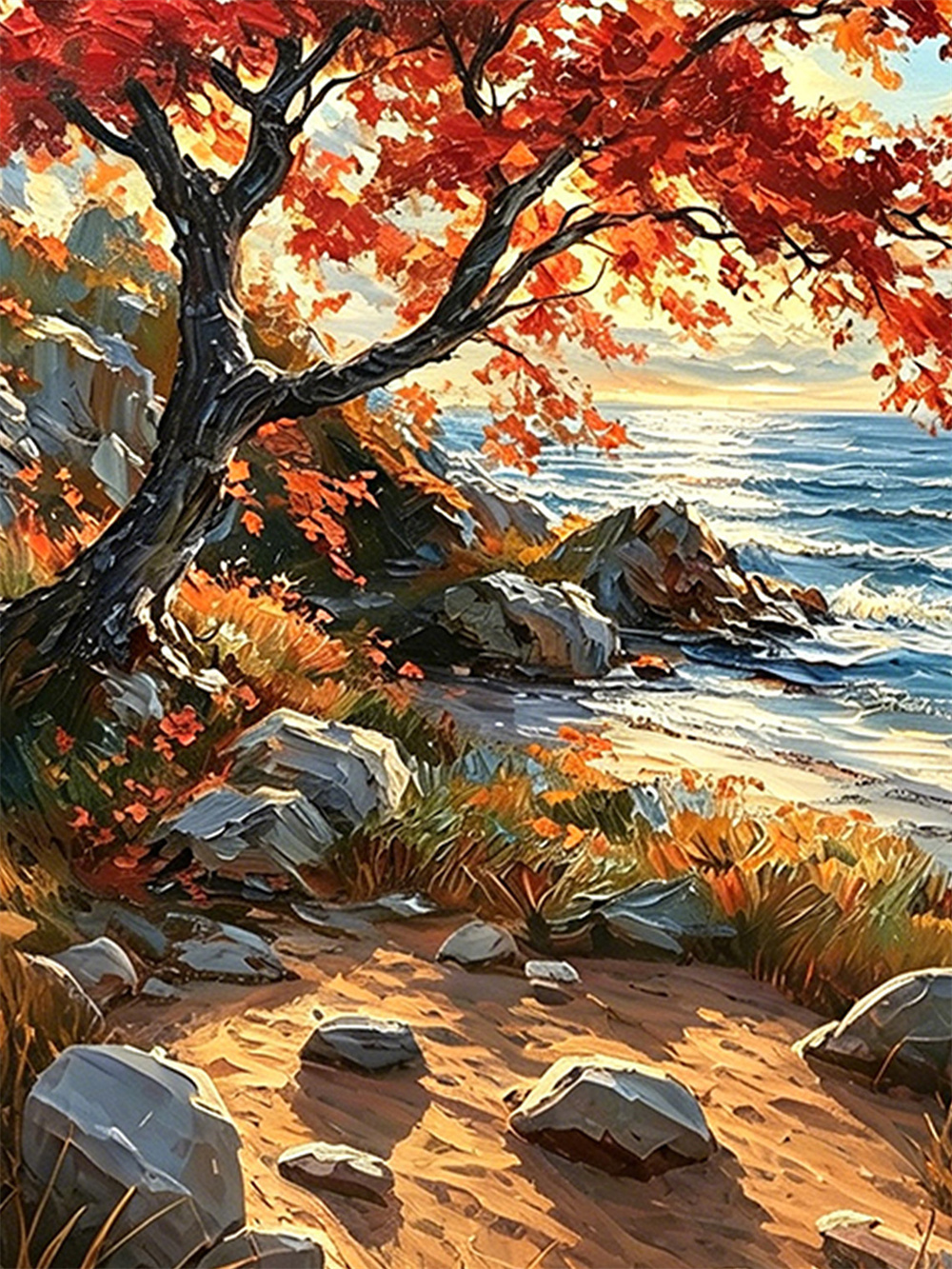 autumn red tree seaside painting solid wood square wall art home decor