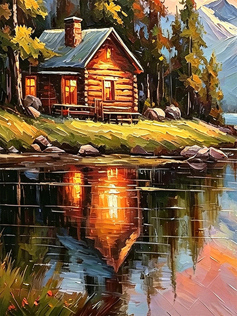 log cabin lake sunset painting solid wood square wall art home decor