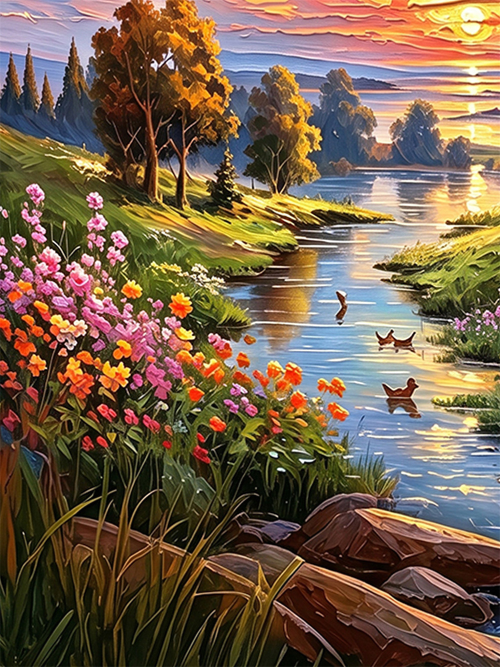 sunset flower creek painting solid wood square wall art home decor