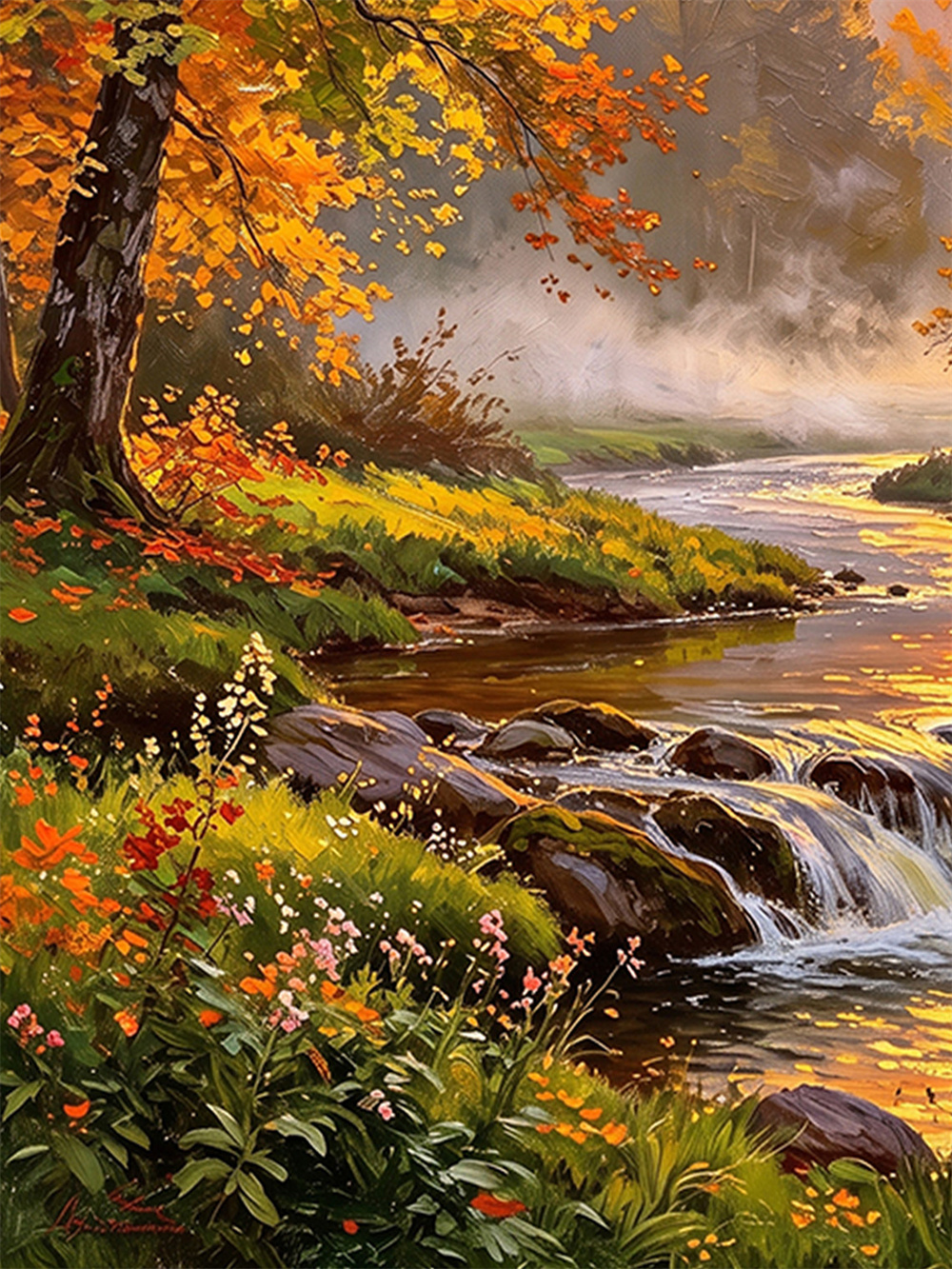 autumn brook sunset painting solid wood square wall art home decor
