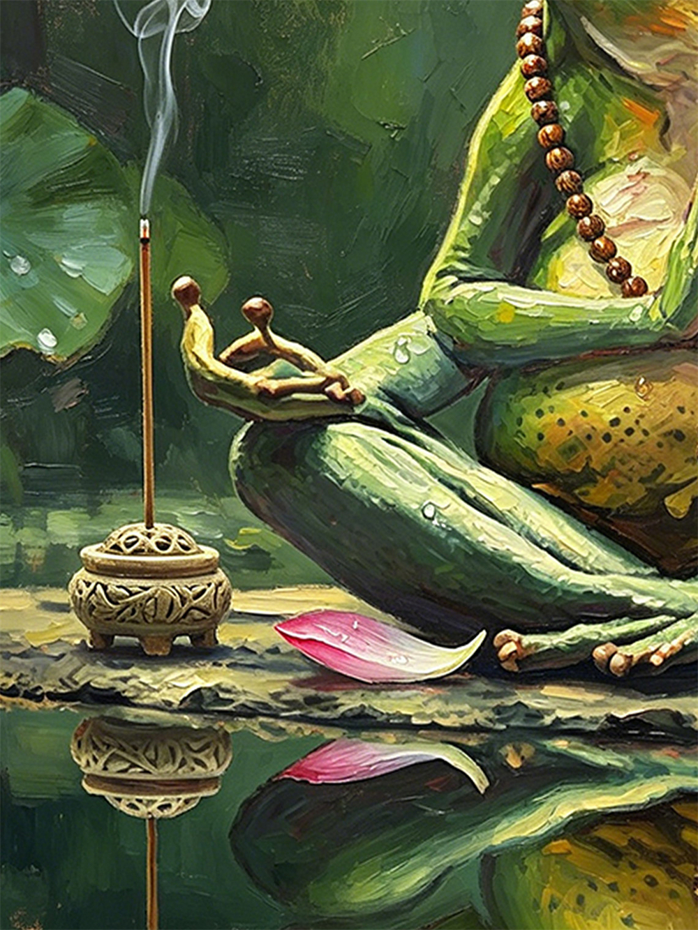 Meditating Yoga Frog Mini Framed Oil Painting, Zen Lotus Incense Antique Gold Frame Pond Spiritual Desk Decor Gift