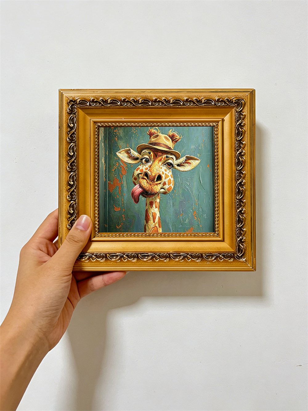 Silly Hat Giraffe Framed Oil Print, Mini 4x4 Solid Wood Whimsical Wall Art