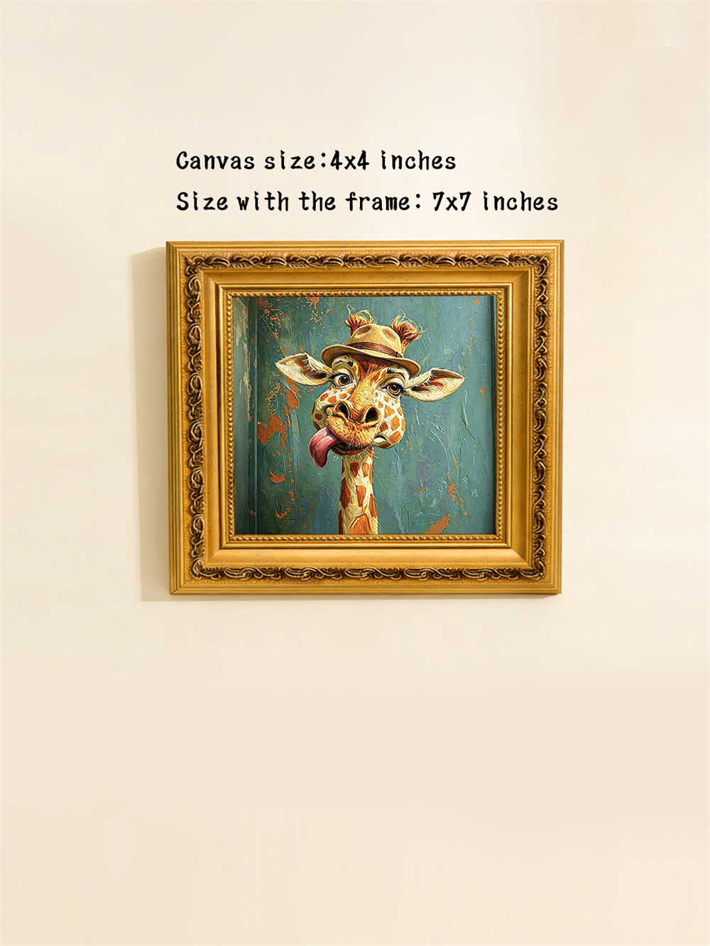 Silly Hat Giraffe Framed Oil Print, Mini 4x4 Solid Wood Whimsical Wall Art