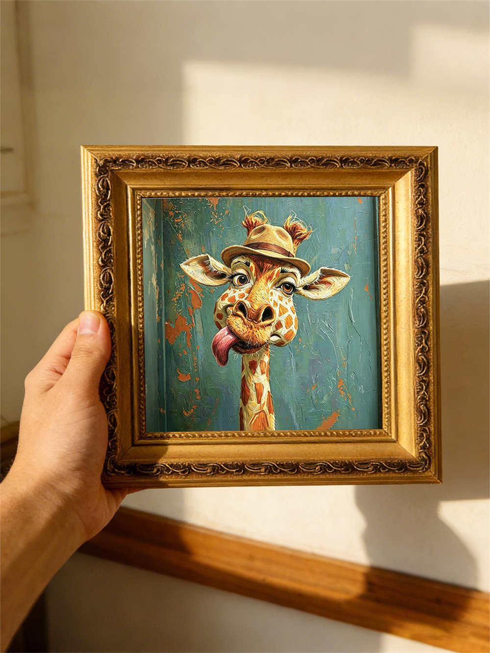 Silly Hat Giraffe Framed Oil Print, Mini 4x4 Solid Wood Whimsical Wall Art