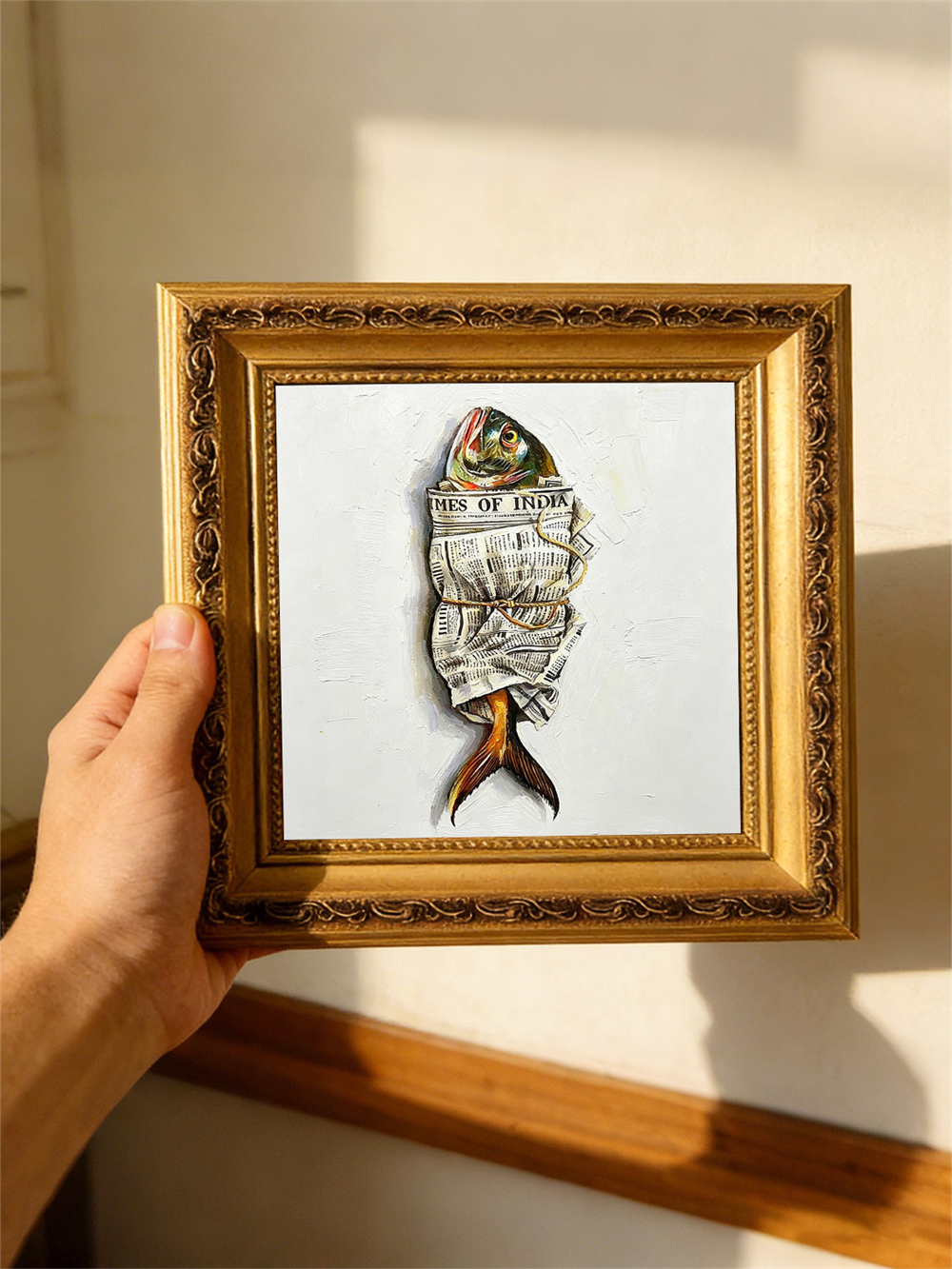 Sea of Dreams Fish Oil Painting, Newspaper Wrapped Surreal Art, Coastal Kitchen Decor Wood Frame 4x4 Gift