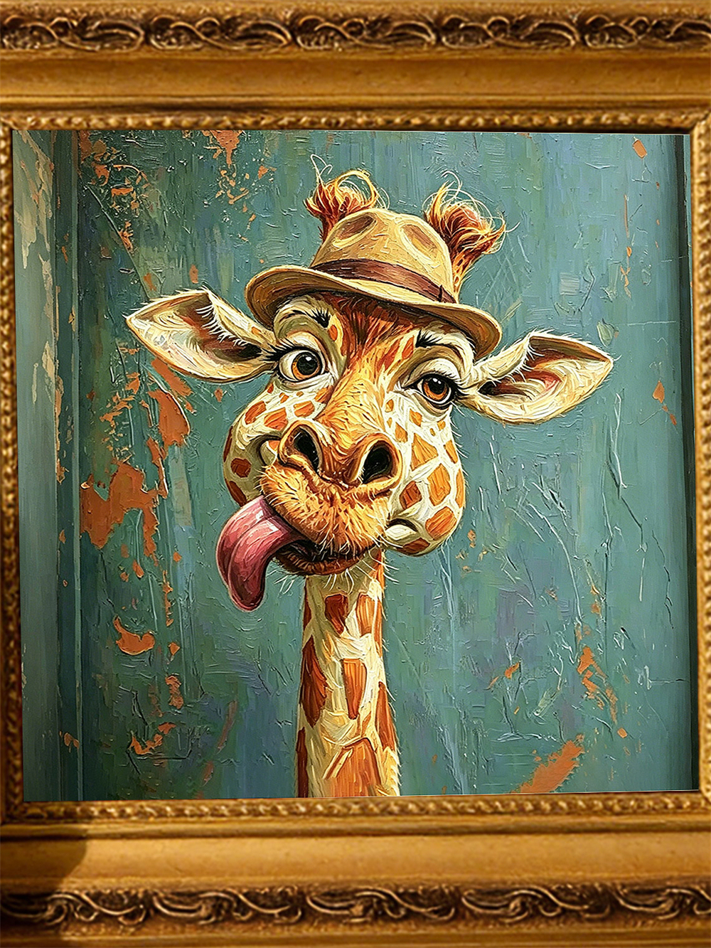 Silly Hat Giraffe Framed Oil Print, Mini 4x4 Solid Wood Whimsical Wall Art