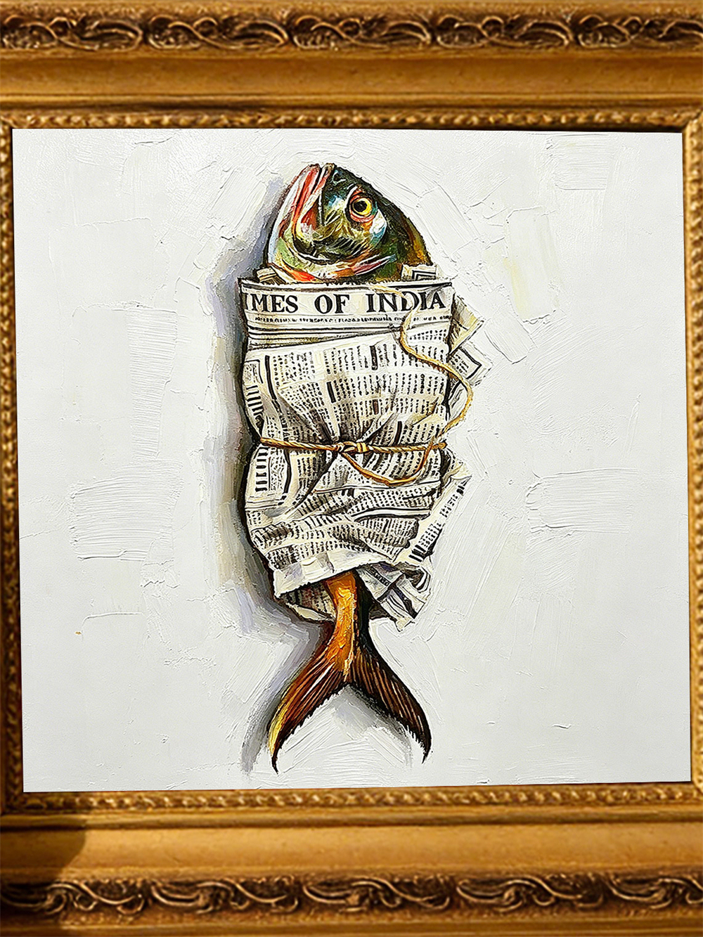 Sea of Dreams Fish Oil Painting, Newspaper Wrapped Surreal Art, Coastal Kitchen Decor Wood Frame 4x4 Gift