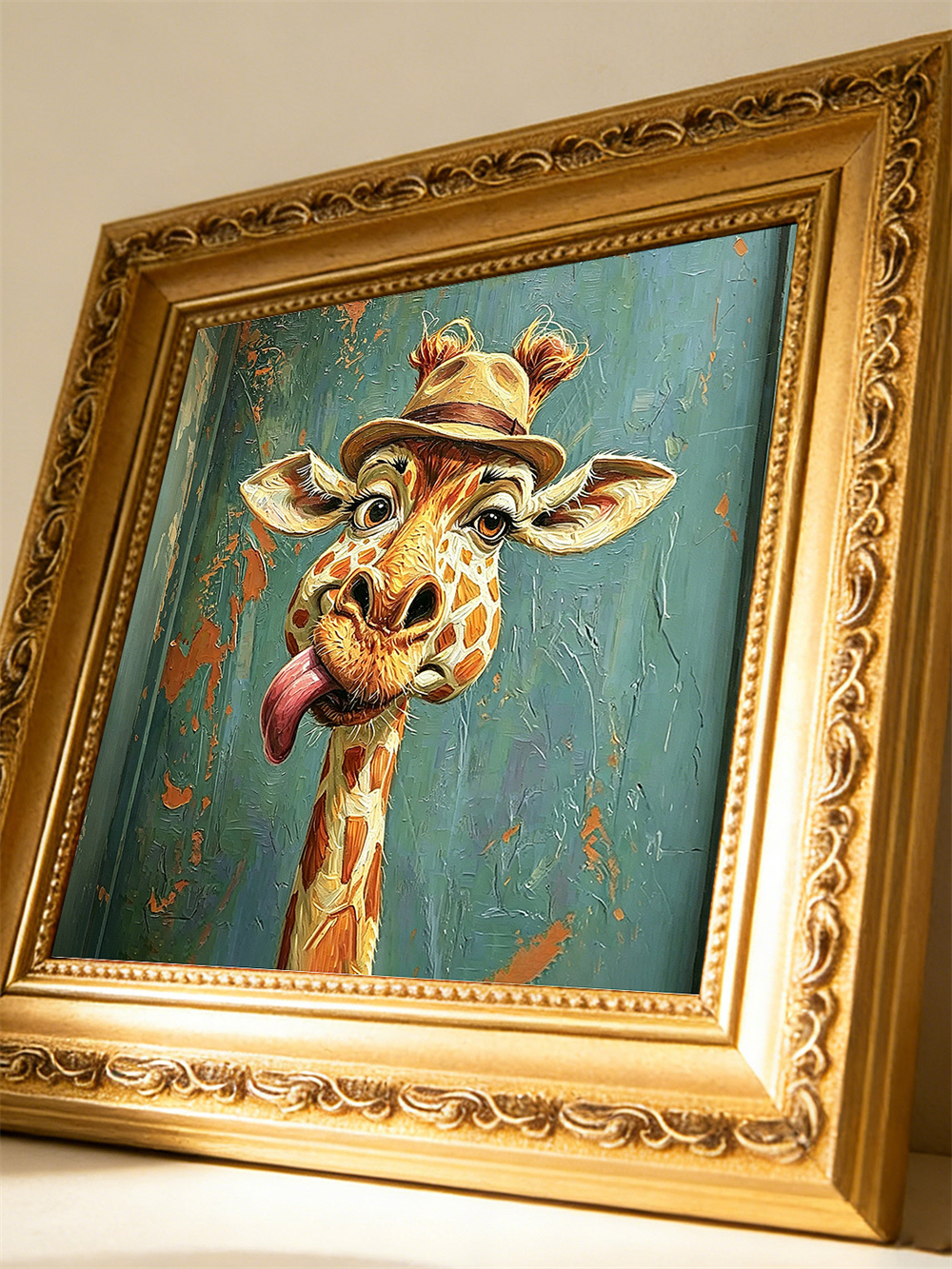 Silly Hat Giraffe Framed Oil Print, Mini 4x4 Solid Wood Whimsical Wall Art