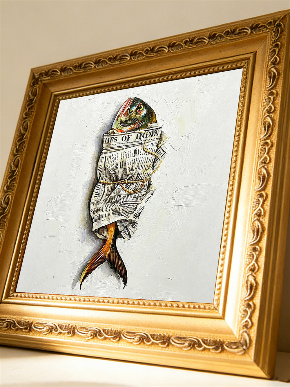 Sea of Dreams Fish Oil Painting, Newspaper Wrapped Surreal Art, Coastal Kitchen Decor Wood Frame 4x4 Gift
