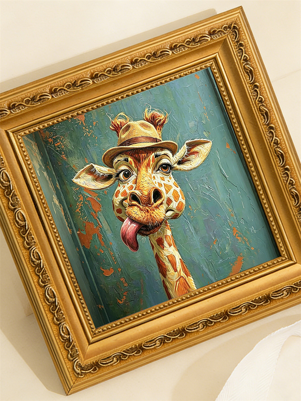 Silly Hat Giraffe Framed Oil Print, Mini 4x4 Solid Wood Whimsical Wall Art