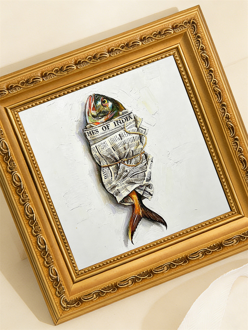 Sea of Dreams Fish Oil Painting, Newspaper Wrapped Surreal Art, Coastal Kitchen Decor Wood Frame 4x4 Gift