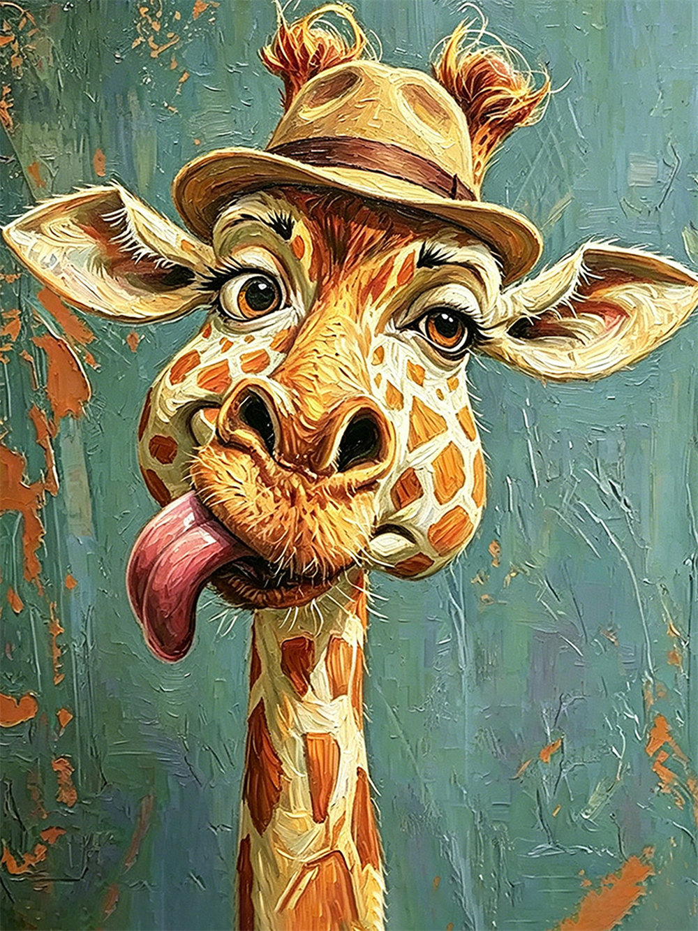 Silly Hat Giraffe Framed Oil Print, Mini 4x4 Solid Wood Whimsical Wall Art
