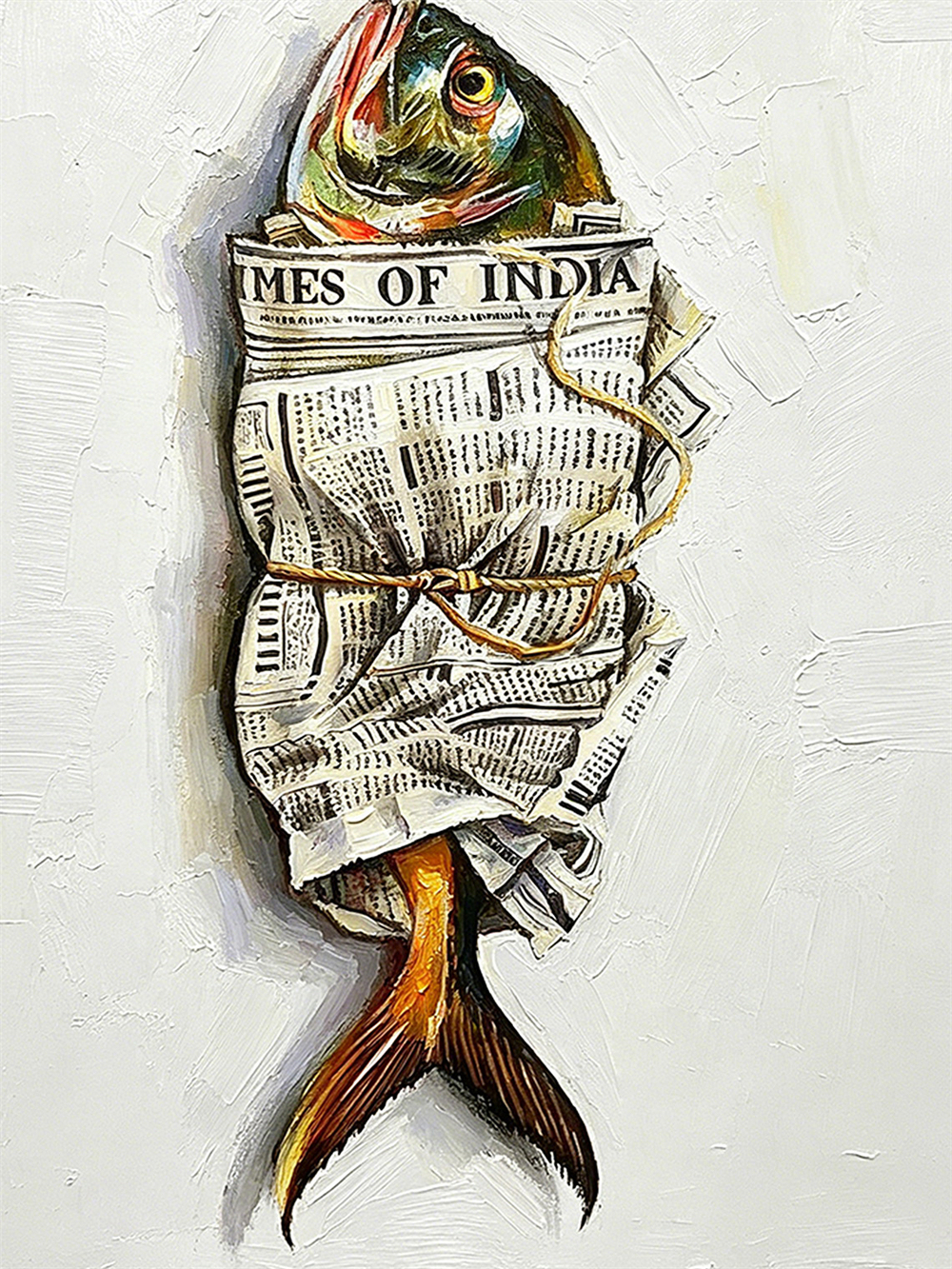 Sea of Dreams Fish Oil Painting, Newspaper Wrapped Surreal Art, Coastal Kitchen Decor Wood Frame 4x4 Gift