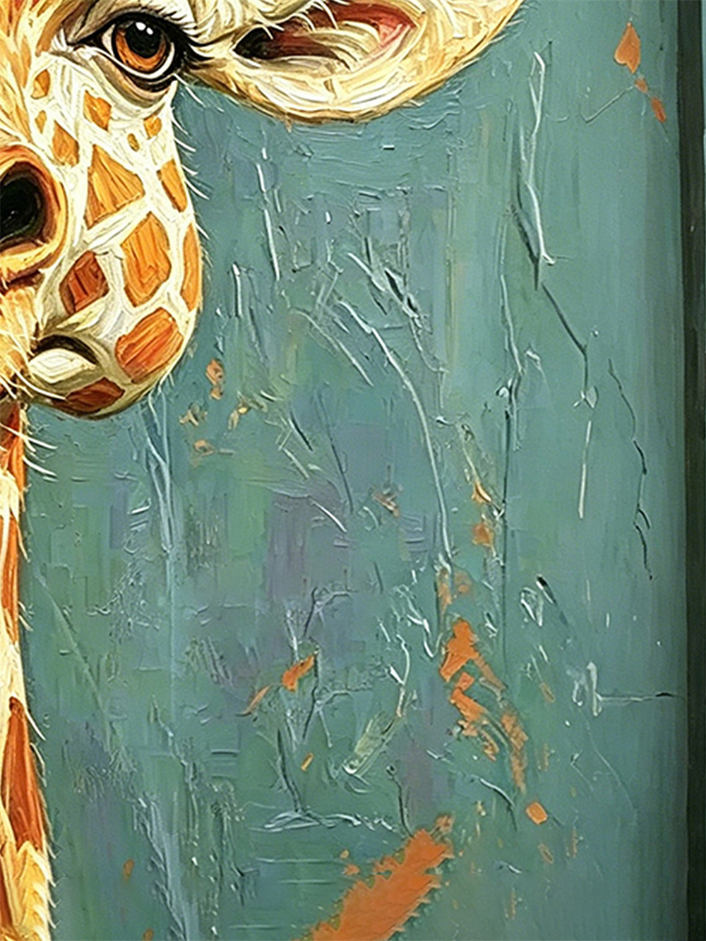 Silly Hat Giraffe Framed Oil Print, Mini 4x4 Solid Wood Whimsical Wall Art
