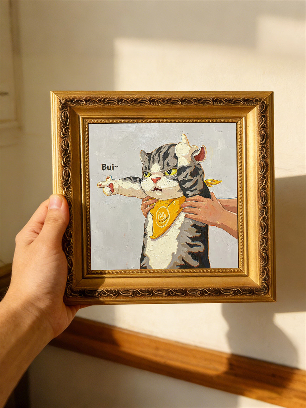 Funny Grumpy Cat Oil Painting, Sassy Tabby Wall Art, Cute Cat Pointing Decor, Cat Lover Gift, Whimsical Pet Portrait