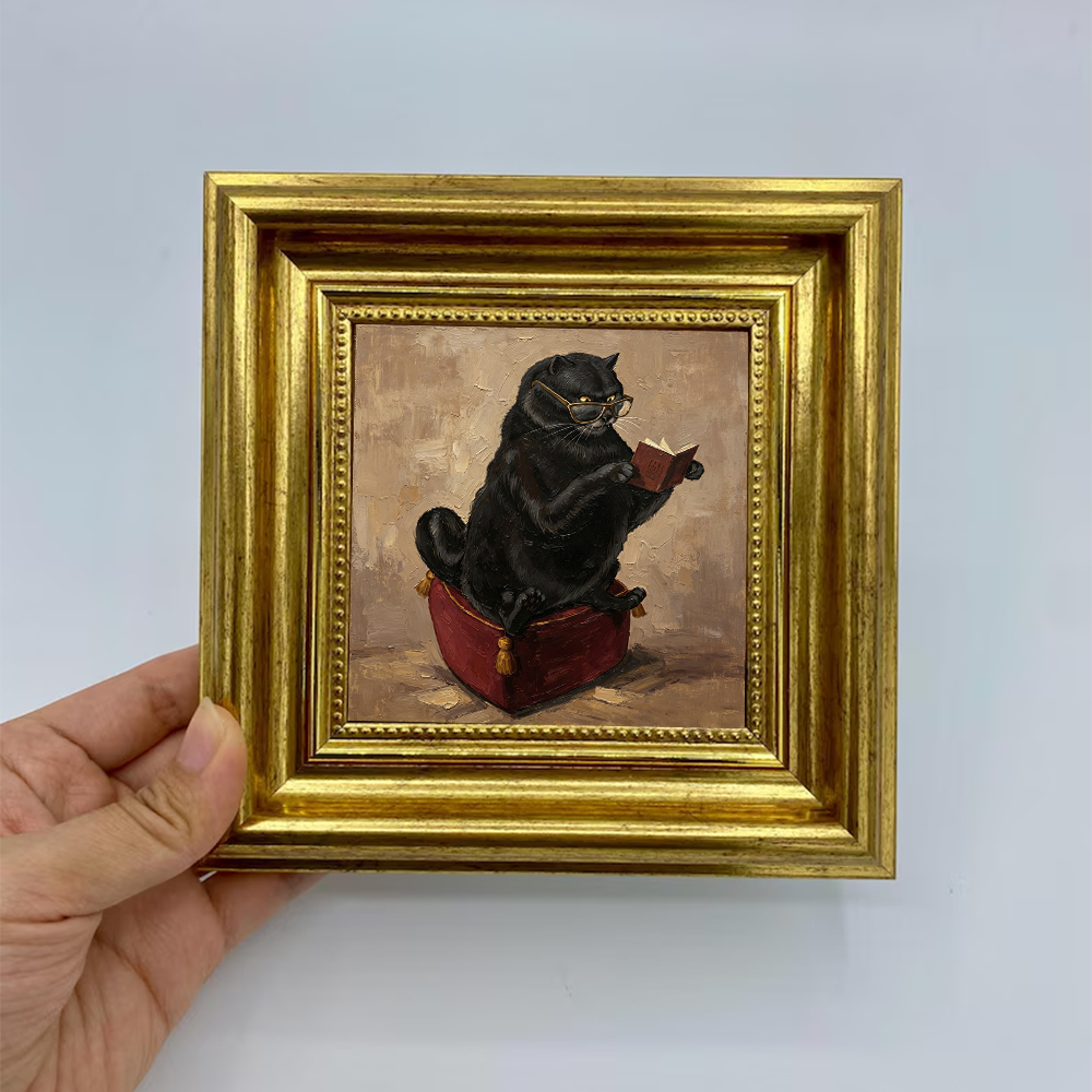 Scholarly Black Cat Reading Book Canvas Print, Impasto Oil Painting, Antique Gold Frame, 4x4"/Dark Academia Decor