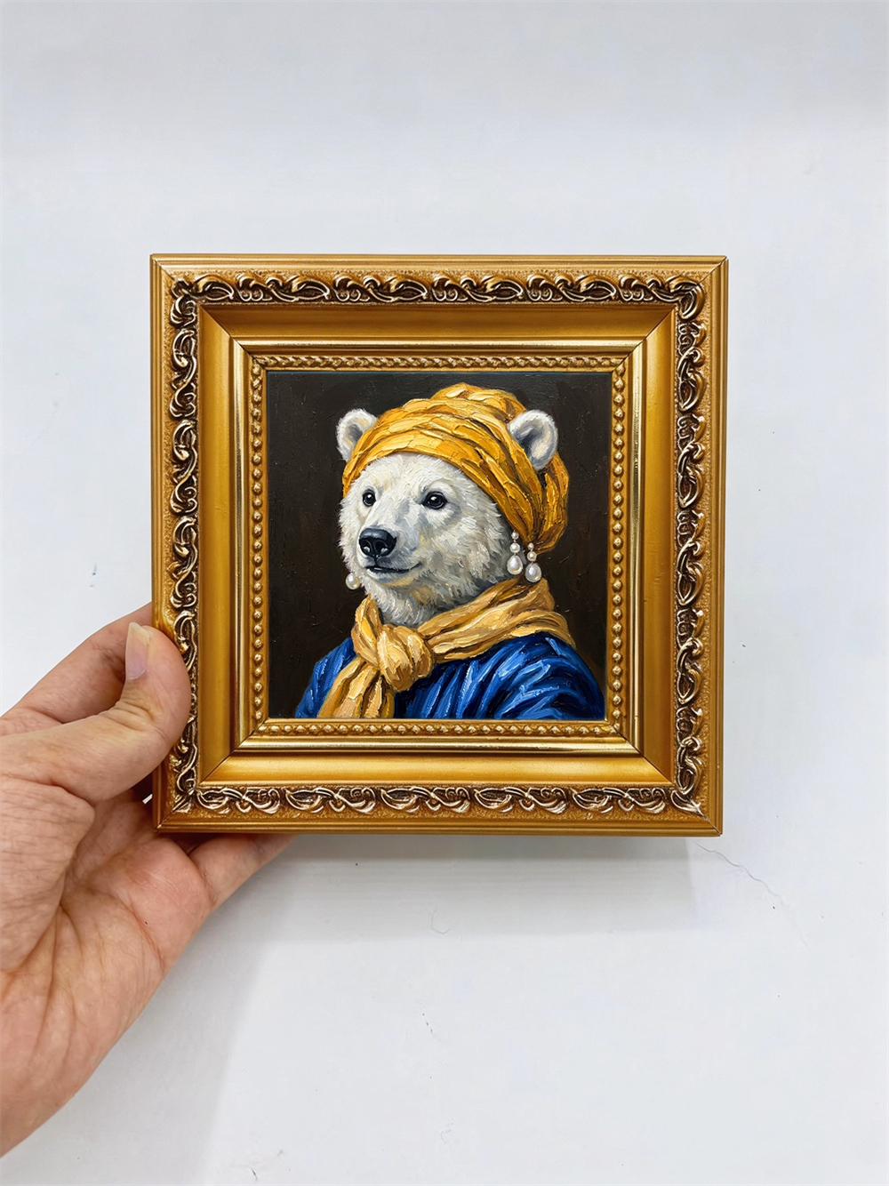Polar Bear Pearl Earring Oil Painting, Framed Animal Wall Art, Classic Portrait Gift,Gift For Her&Him