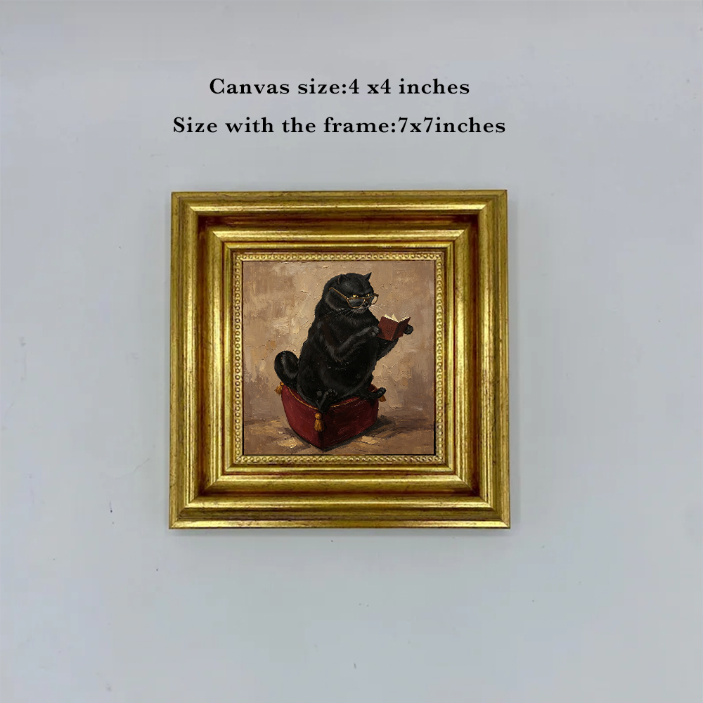 Scholarly Black Cat Reading Book Canvas Print, Impasto Oil Painting, Antique Gold Frame, 4x4"/Dark Academia Decor