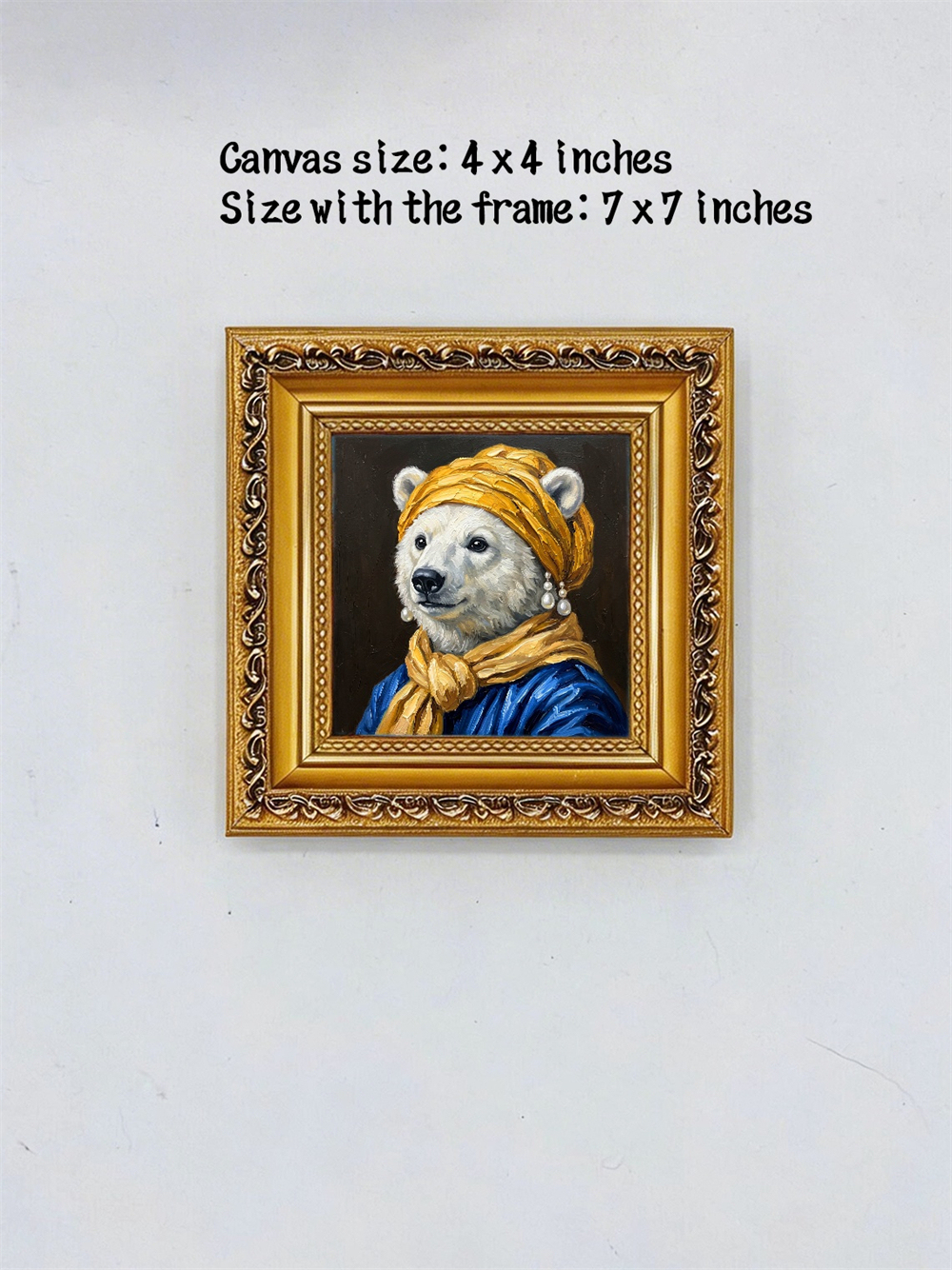 Polar Bear Pearl Earring Oil Painting, Framed Animal Wall Art, Classic Portrait Gift,Gift For Her&Him