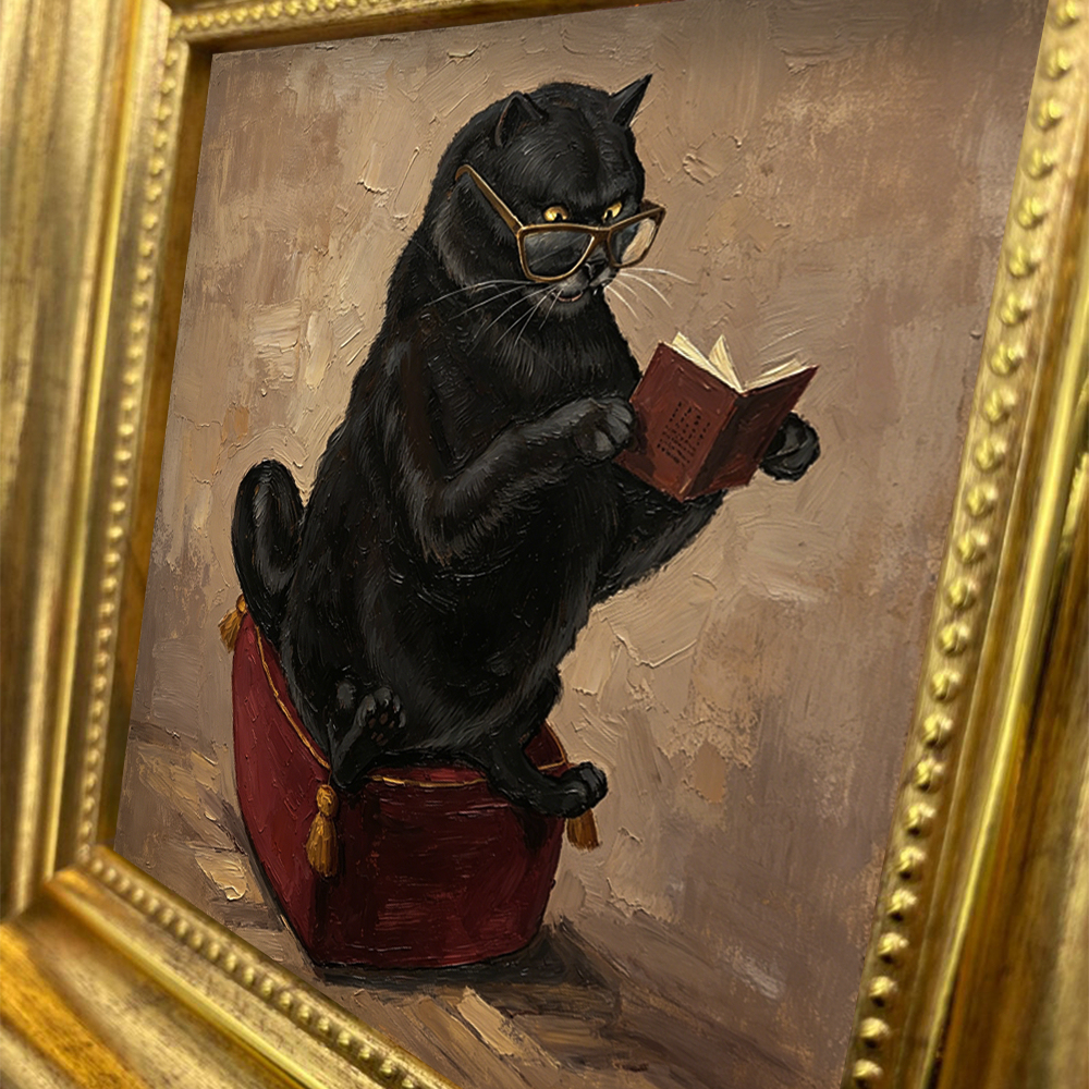 Scholarly Black Cat Reading Book Canvas Print, Impasto Oil Painting, Antique Gold Frame, 4x4"/Dark Academia Decor