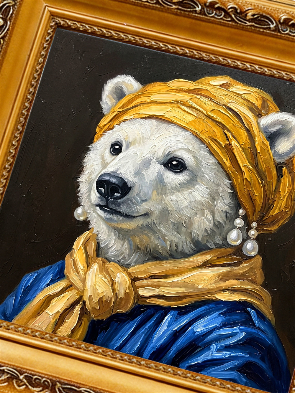 Polar Bear Pearl Earring Oil Painting, Framed Animal Wall Art, Classic Portrait Gift,Gift For Her&Him