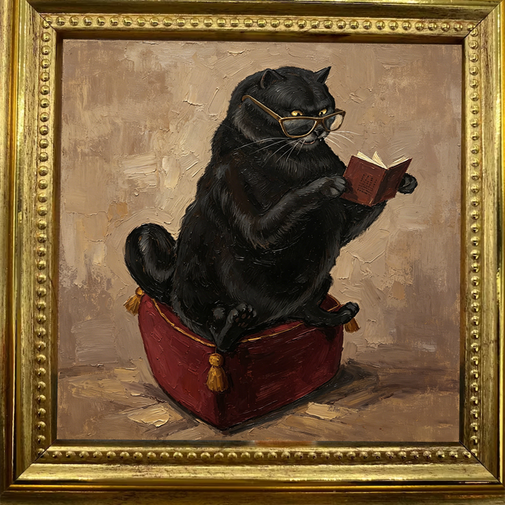 Scholarly Black Cat Reading Book Canvas Print, Impasto Oil Painting, Antique Gold Frame, 4x4"/Dark Academia Decor