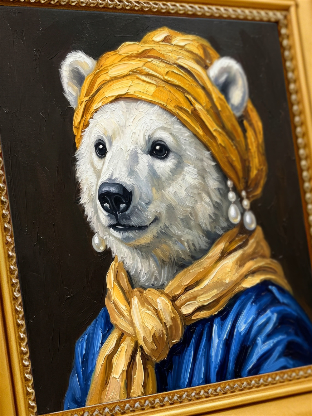 Polar Bear Pearl Earring Oil Painting, Framed Animal Wall Art, Classic Portrait Gift,Gift For Her&Him